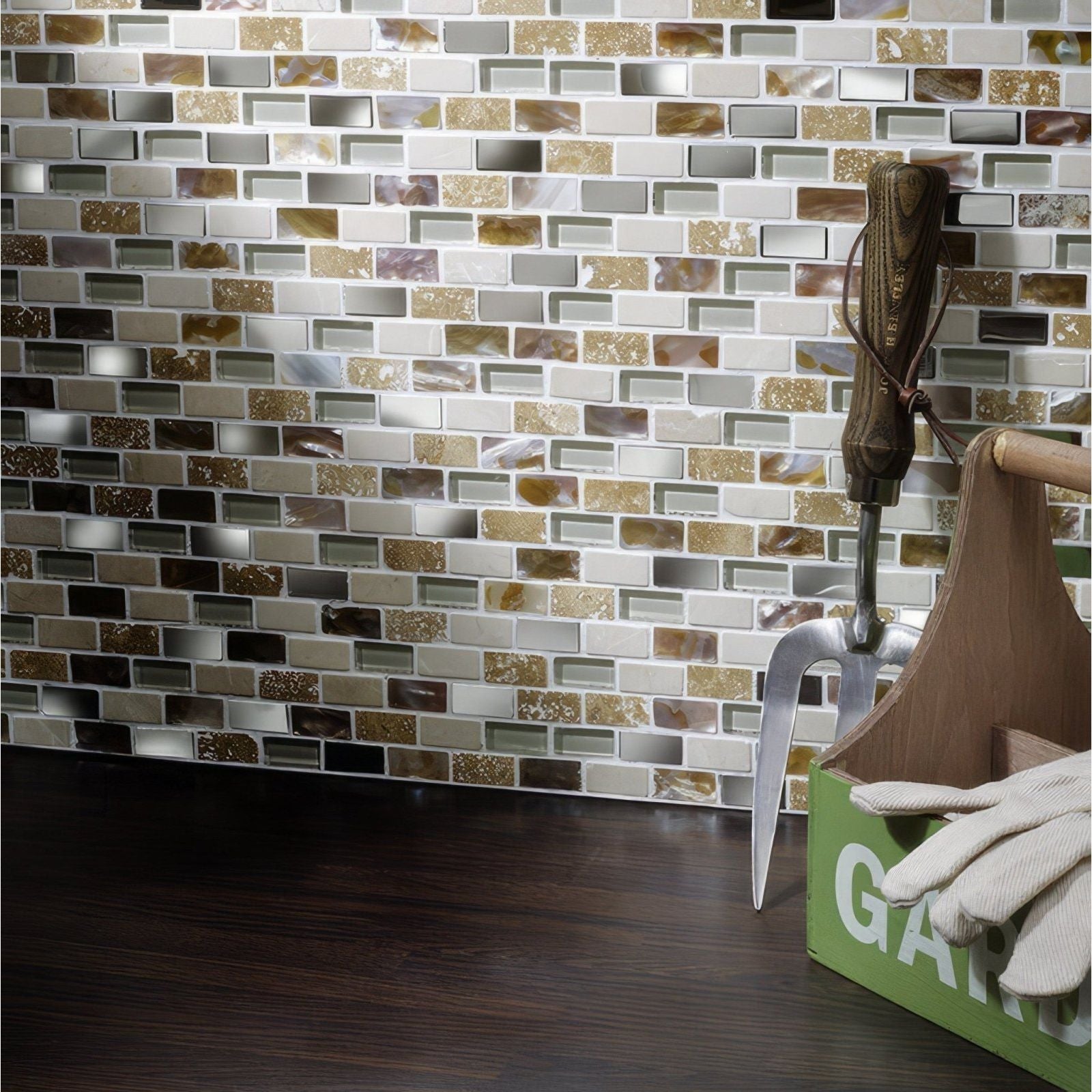 A decorative cream glass stone metal and pearl mix mini brick mosaic backsplash with metallic silver gold and brown tiles