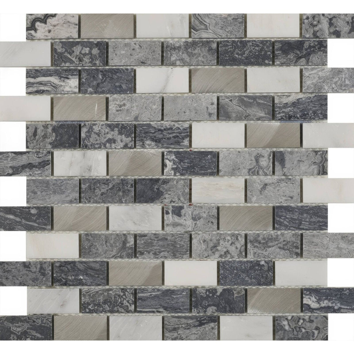Creswell grey stone and metal mix brick mosaic tile featuring gray and white marble in alternating horizontal rows