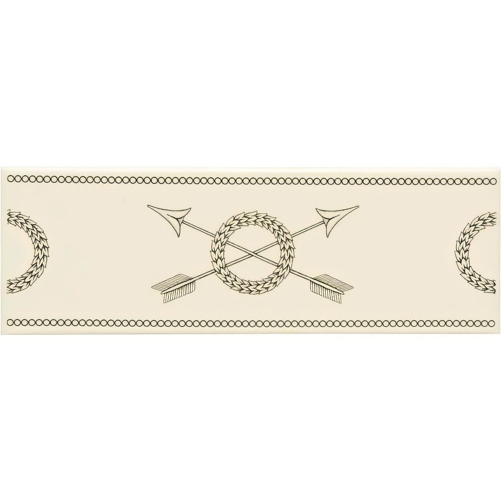 Beige decorative border with crossed arrows and laurel wreaths framed by dotted lines on charcoal grey county white background
