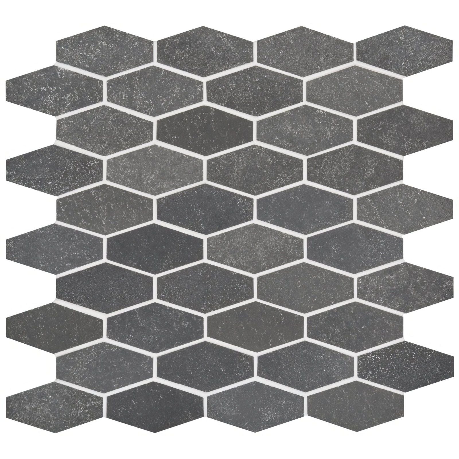 Dark gray large hexagon honed marble mosaic tile with textured stone finish and white grout lines