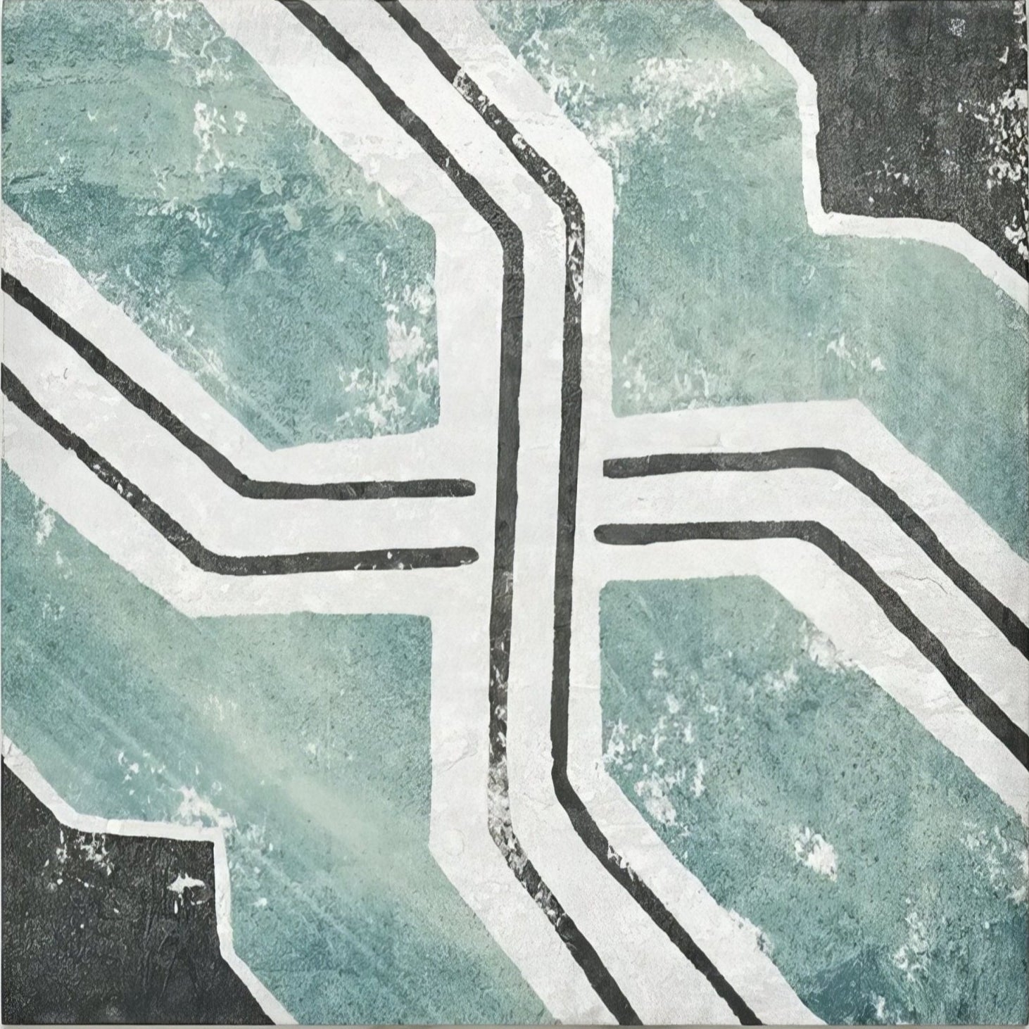 Cuba porcelain Iberia plate with abstract geometric black and white lines on a textured teal background