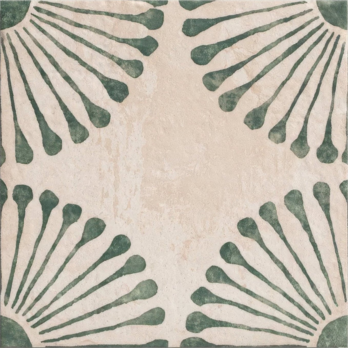 Beige ceramic cuba porcelain infantas green tile with textured surface and dark green radiating leaf patterns at each corner