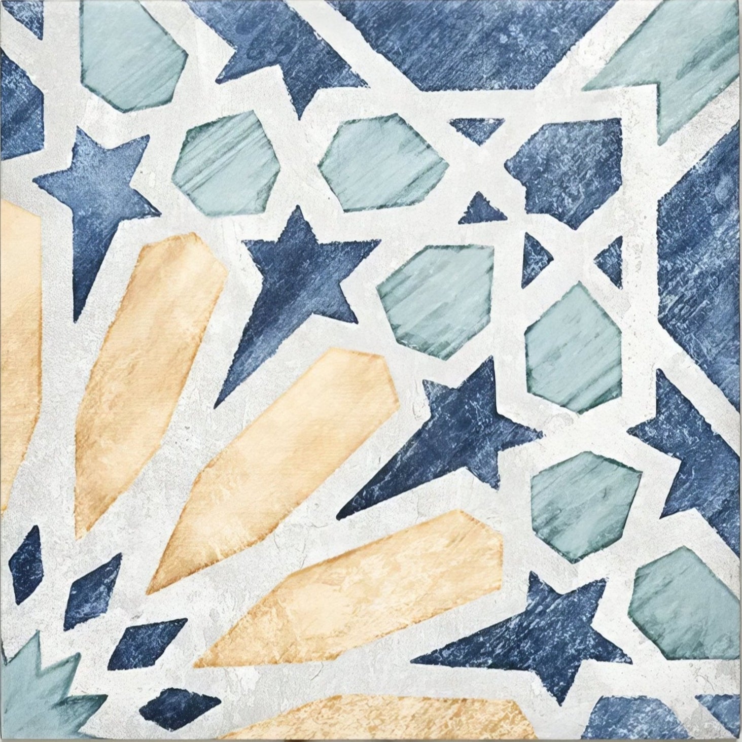 Cuba porcelain marla decorative tile with navy blue stars teal hexagons and gold diamond shapes on textured white background