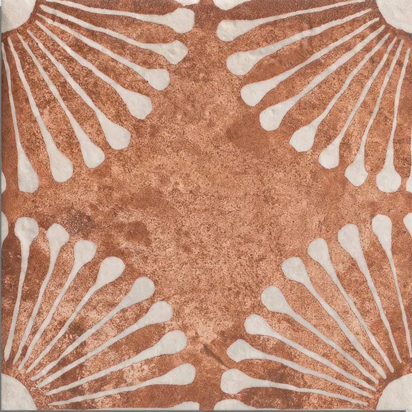 Copper-toned cuba porcelain vedado cotto ceramic tile with textured rustic surface and white shell-like patterns