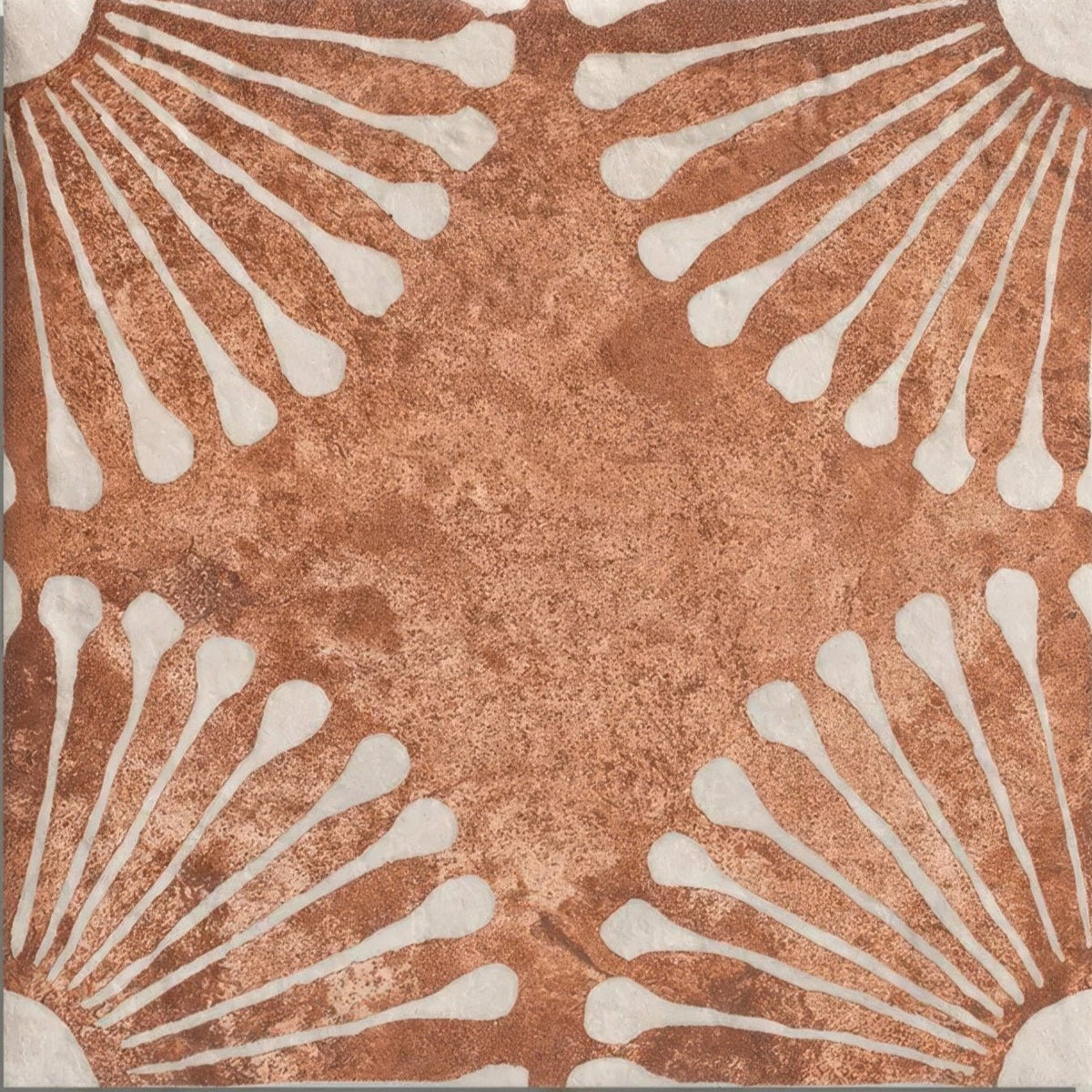 Copper-toned cuba porcelain vedado cotto ceramic tile with textured rustic surface and white shell-like patterns