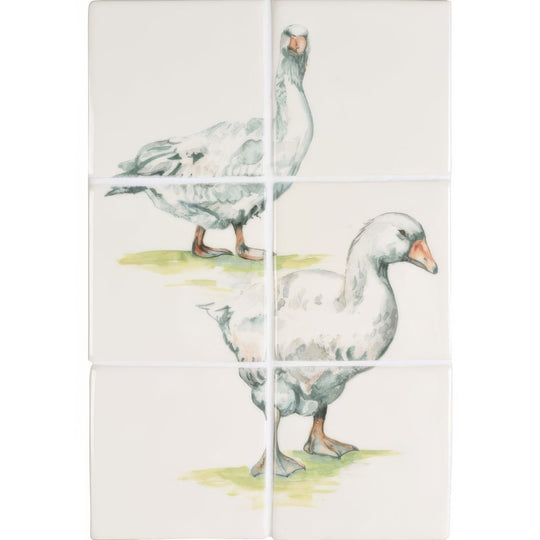 White ceramic wall tile set featuring watercolor illustrations of two geese in soft gray and orange tones cuthbert & gertrude
