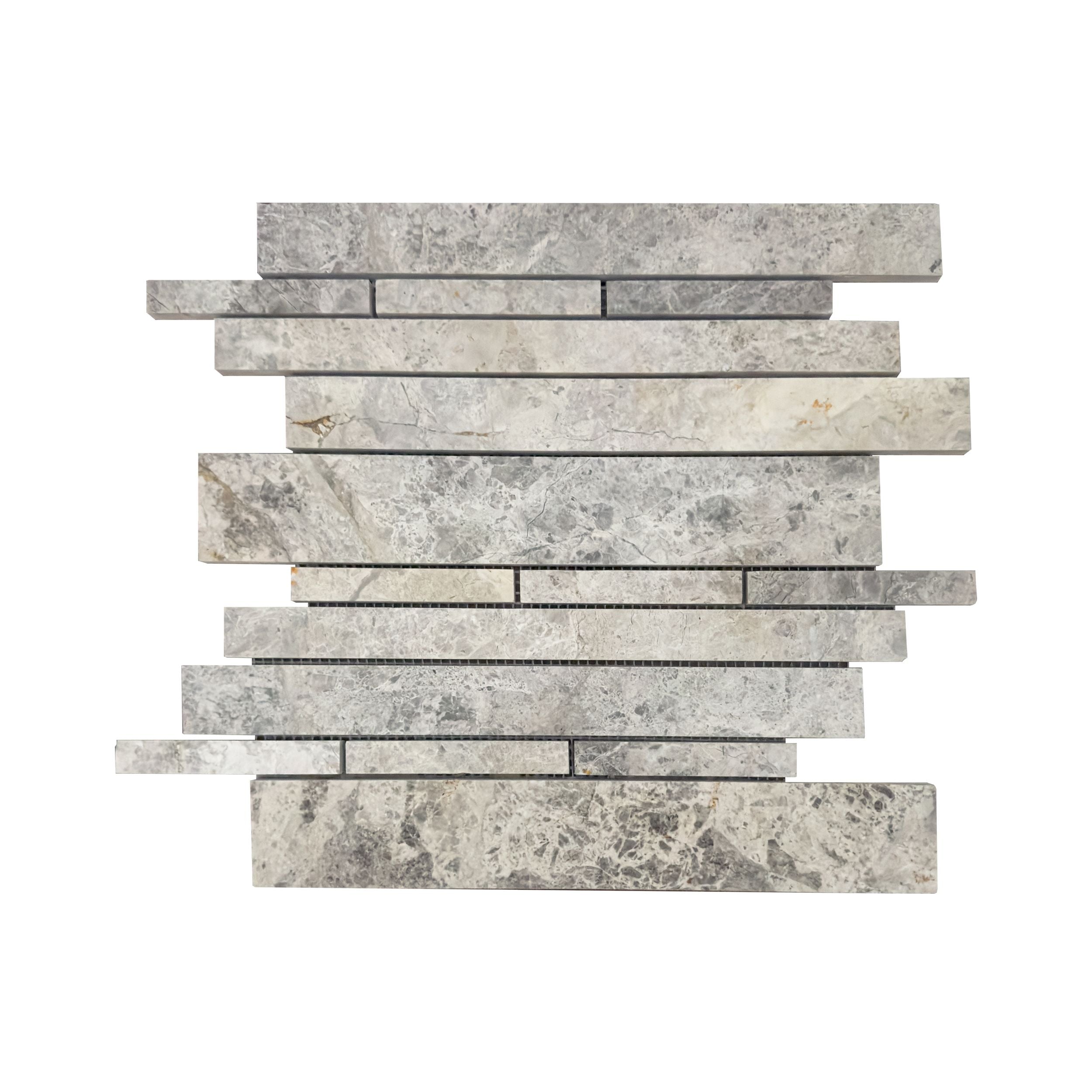 Silver Shadow polished marble strip bar mosaic sheet in cool dove grey