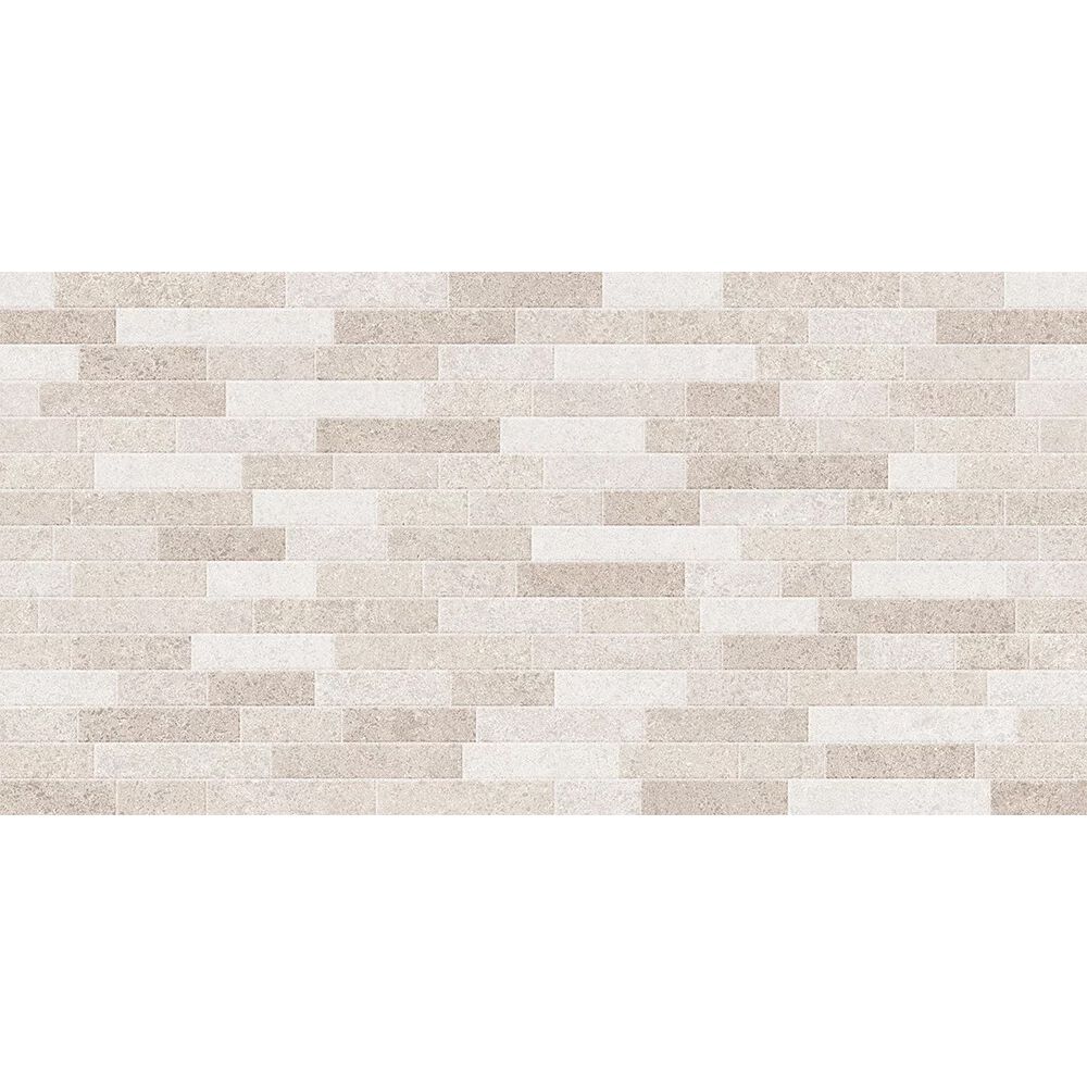 Beige and white textured rectangular tiles in staggered brick pattern dafne tierra natural decor matt 25 x 50cm