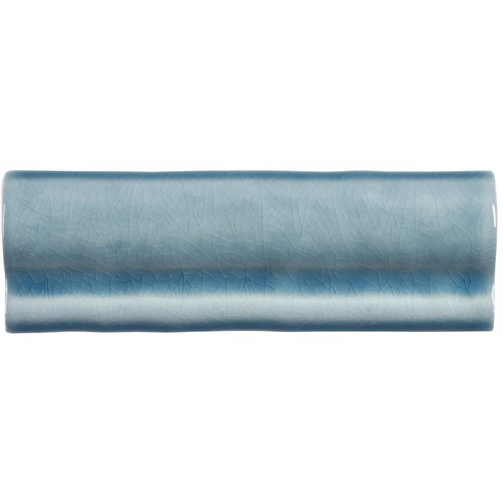 A rectangular ceramic torus moulding Danube tile with subtle blue glaze and crackled texture with curved edges