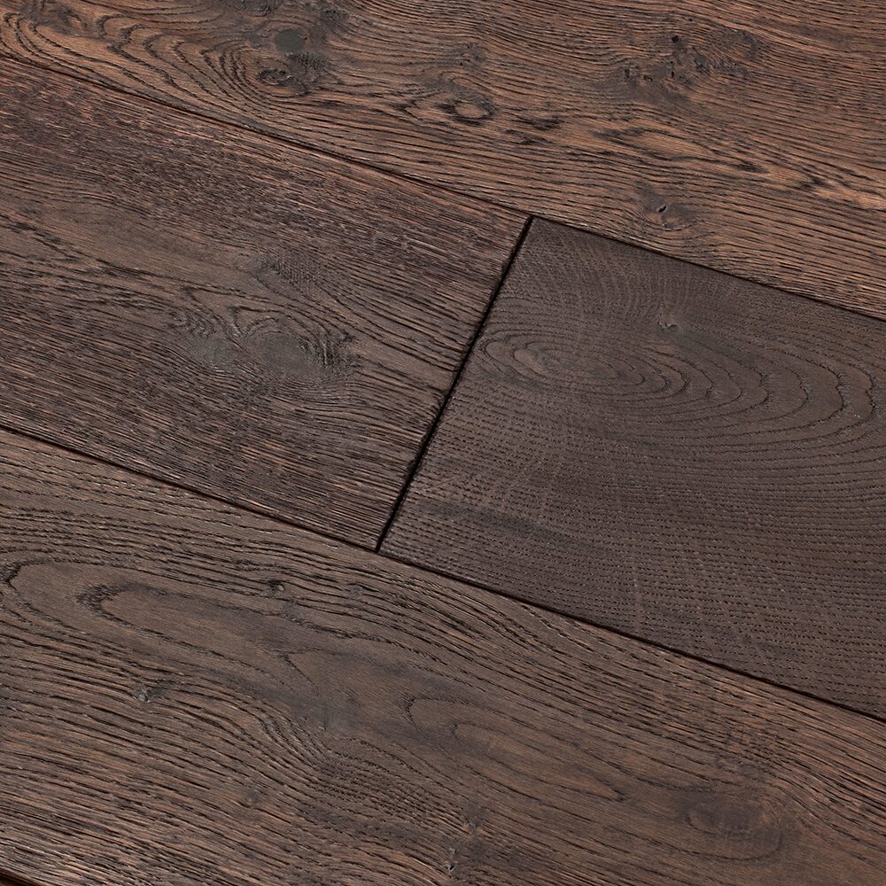 Dark brown hardwood flooring with rustic distressed finish and visible wood grain patterns in Dartmouth Passage Oak