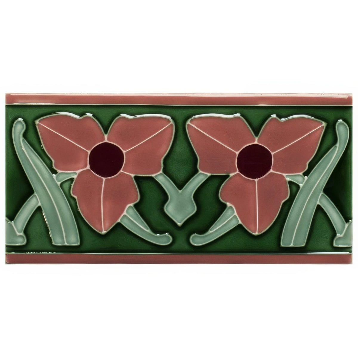 Dauphine border green ceramic tile with pink flowers and stylized leaves in art deco design on victorian green background