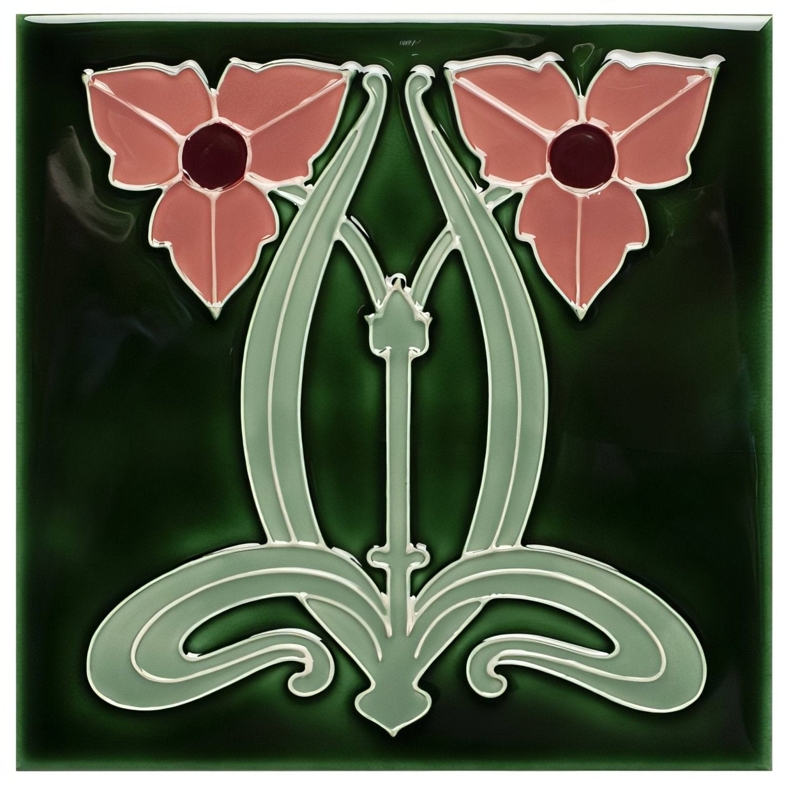 A dauphine square green ceramic tile with two pink flowers and an art nouveau central design on victorian green