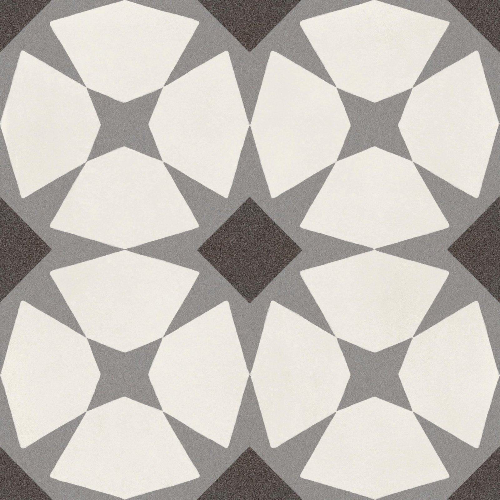 De-segni moun 20 x 20cm geometric patterned tile with white gray pentagonal shapes and central dark brown diamond design