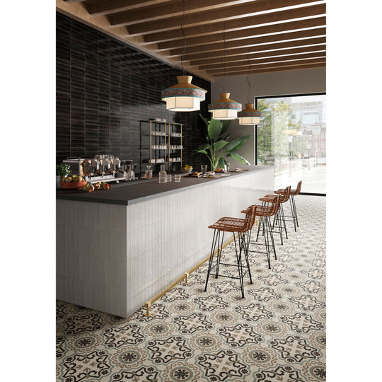 White tiled bar counter with dark countertop and wooden ceiling beams in de-segni osso blend 12 design