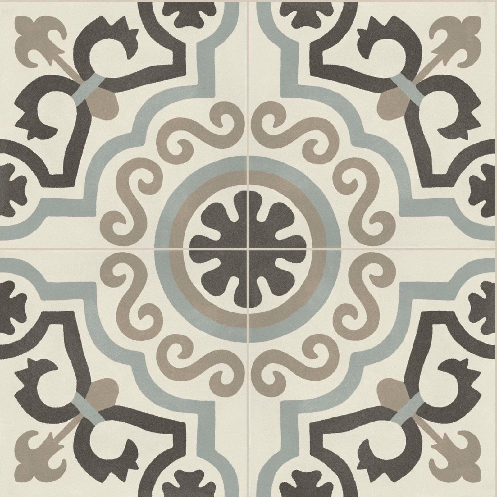 Beige and gray ornate patterned tile with central floral motif and swirling decorative lines in de-segni osso blend 12
