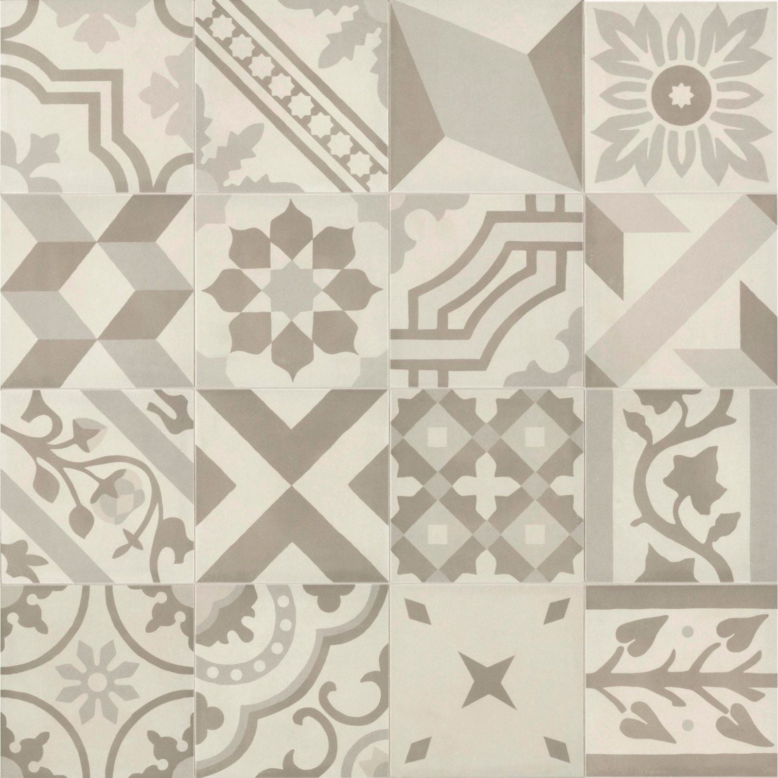 De-segni osso blend random mix vintage-inspired square ceramic tiles with geometric and floral gray patterns on off-white background