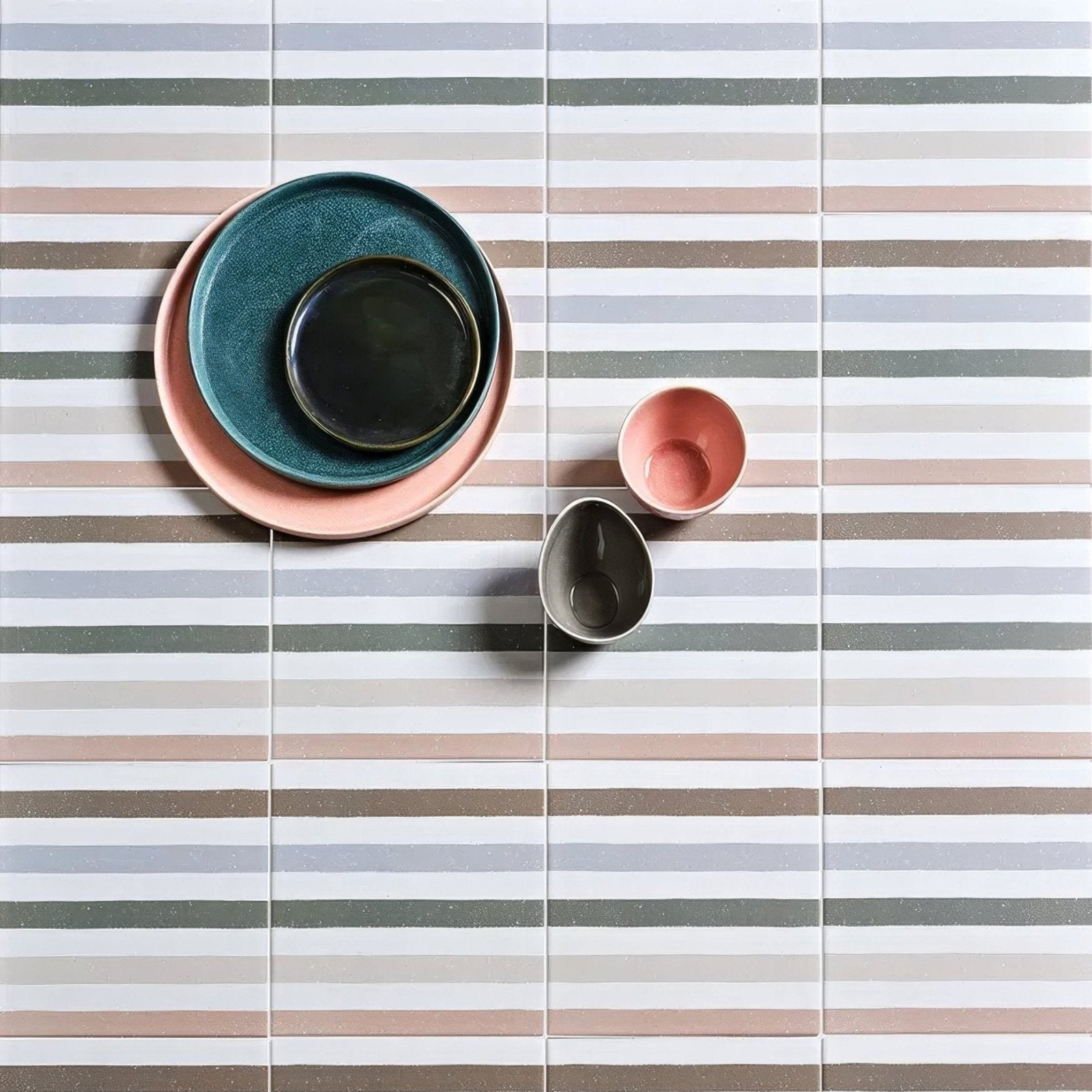 Set of three deck chair porcelain pastels ceramic plates with textured matte finish in teal blush pink and dark gray