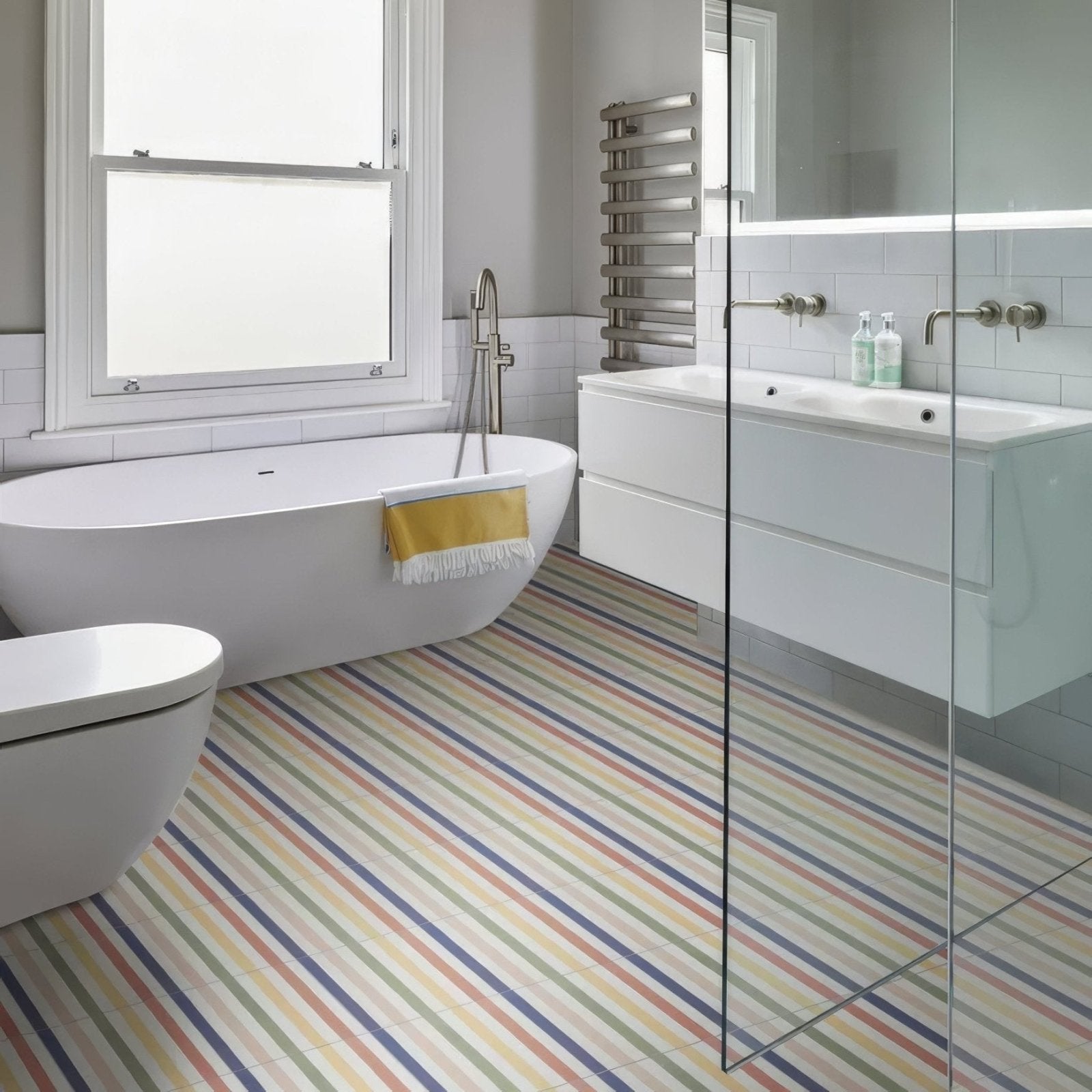 Deck chair porcelain rainbow bathroom floor with colorful striped vinyl tiles in a modern design
