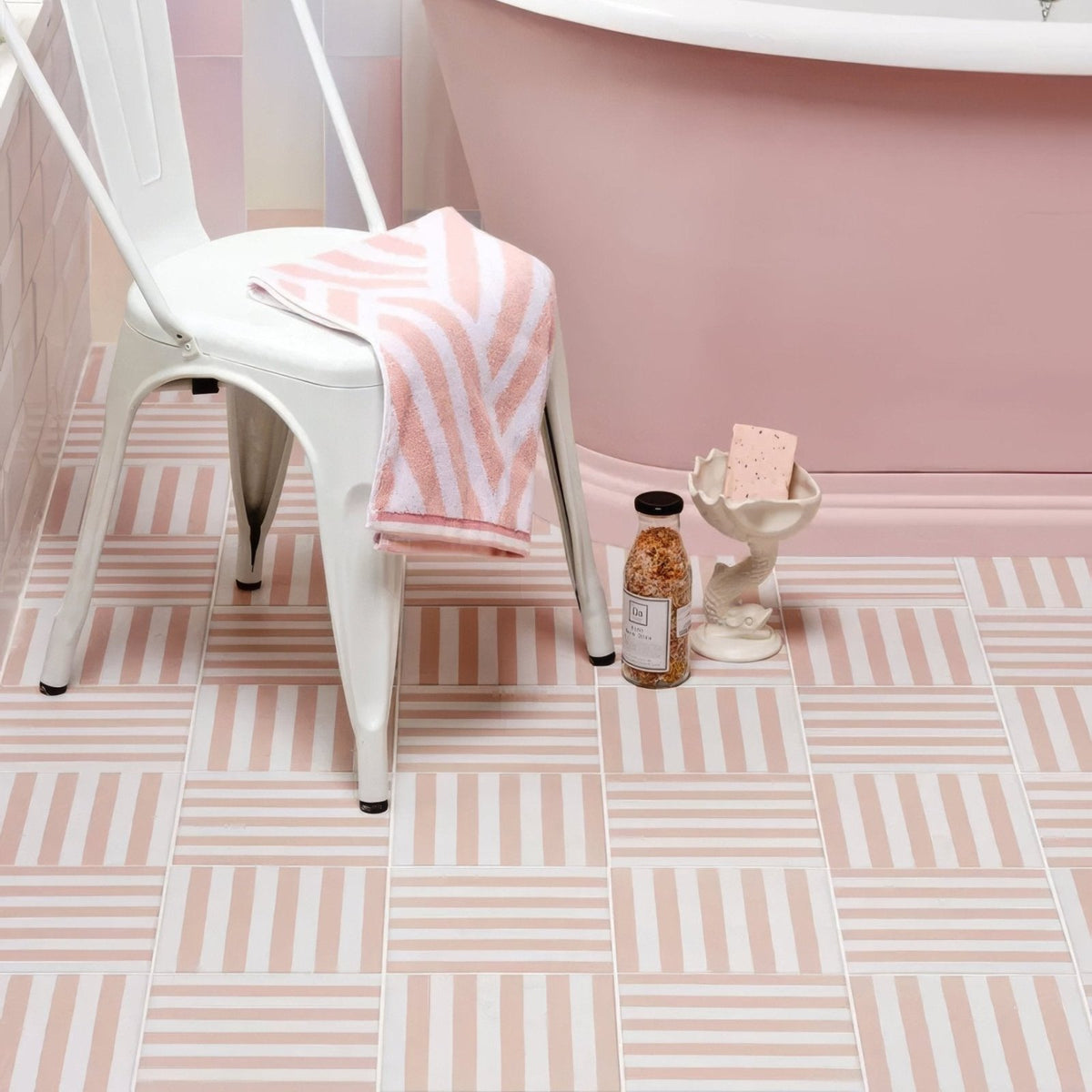 Pink and white striped geometric porcelain floor tiles from deck chair porcelain rose collection