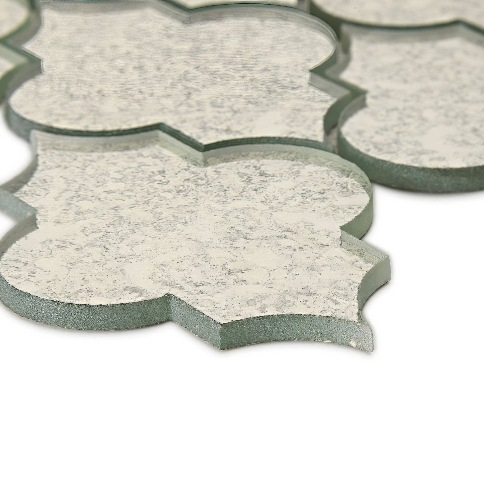 Deco glass bell silver mosaic tile with silver-toned distressed mirror quatrefoil shapes and frosted glass finish