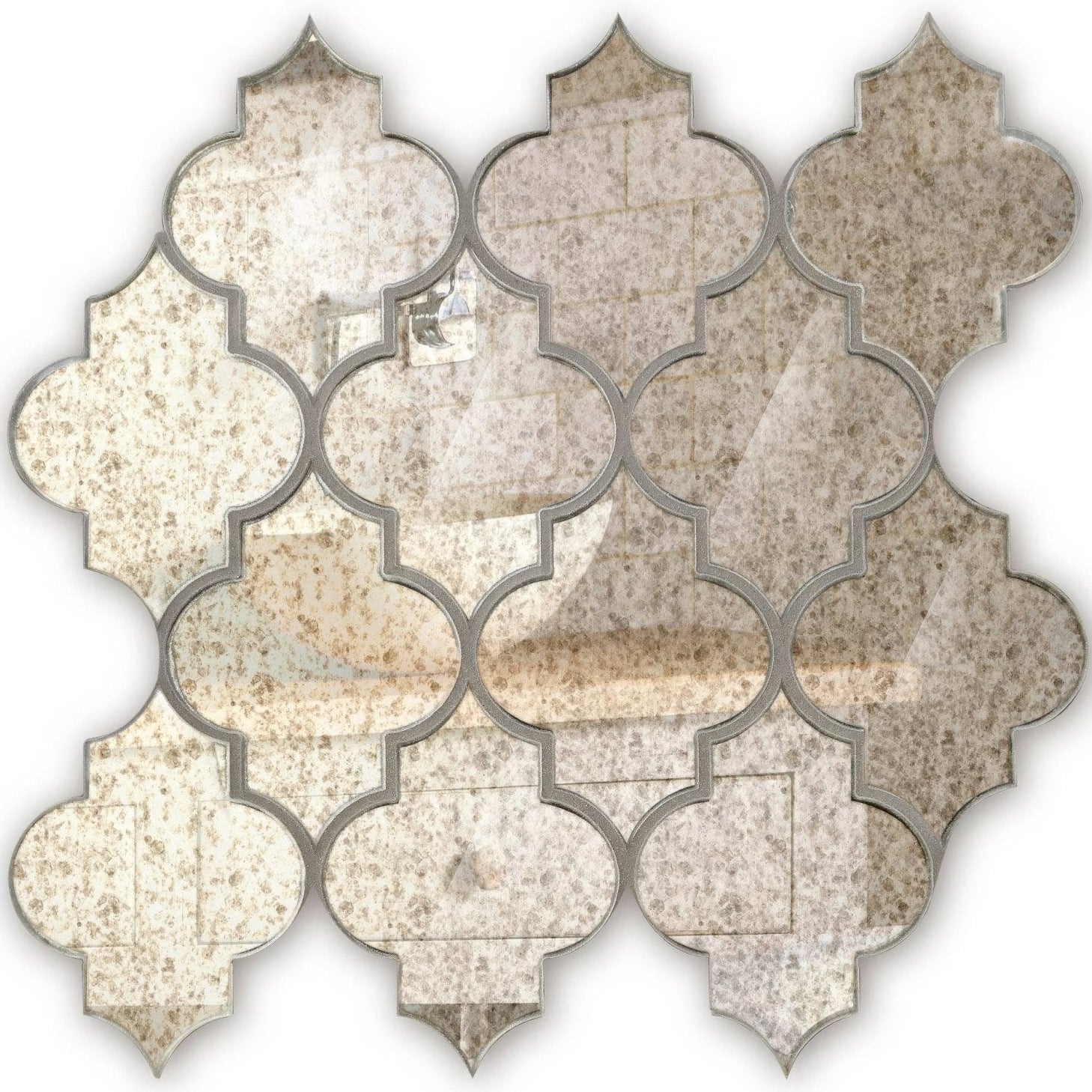 Silver-toned distressed mirror mosaic tile with quatrefoil pattern and antiqued finish from deco glass bell silver mosaic
