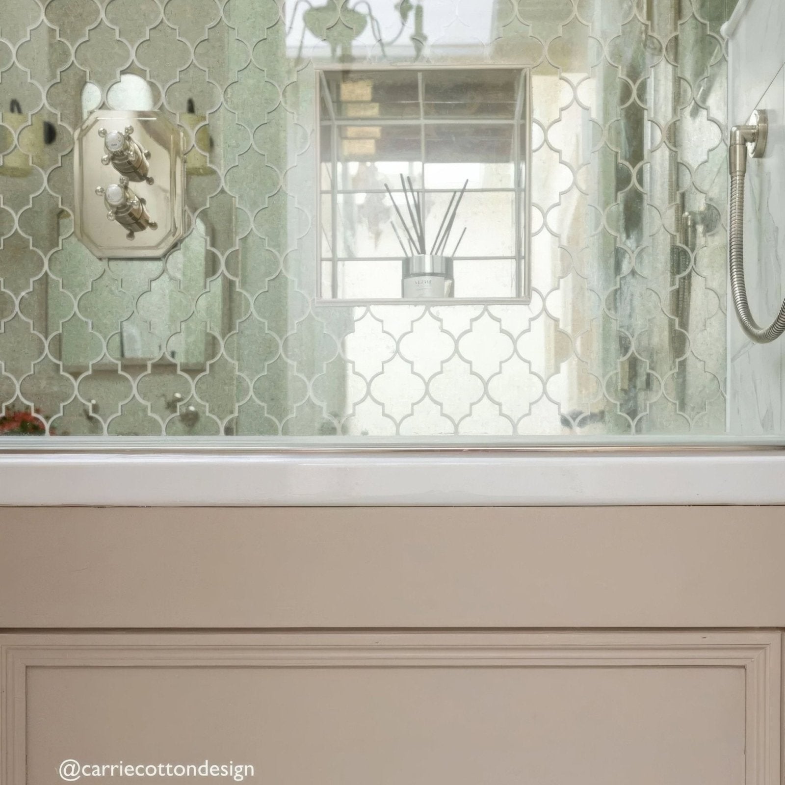 Deco Glass Bell Silver Mosaic silver quatrefoil mirror mosaic with an ornate wall-mounted tap