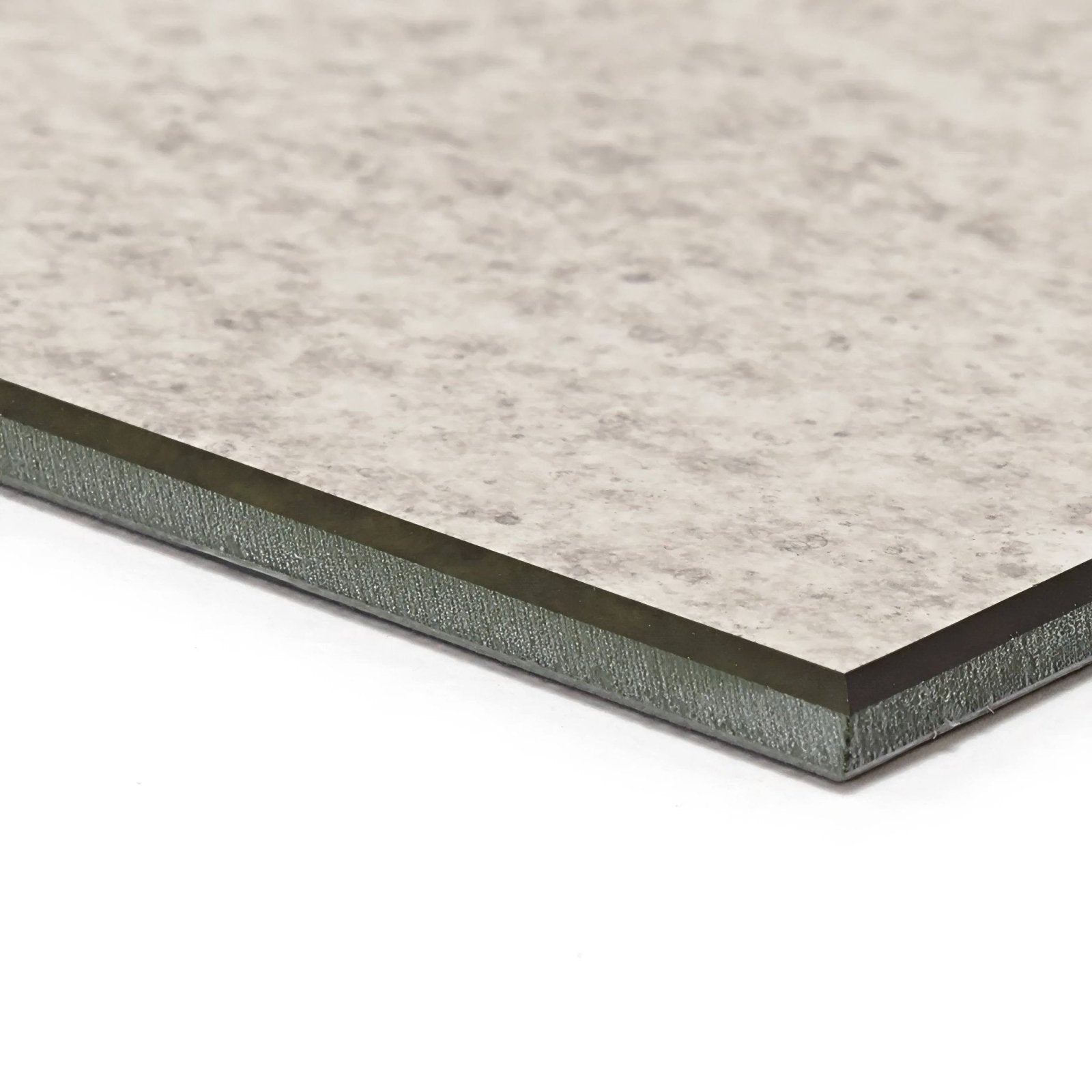 Beige speckled laminate countertop with textured metallic silver edge paired with deco glass silver wall tile
