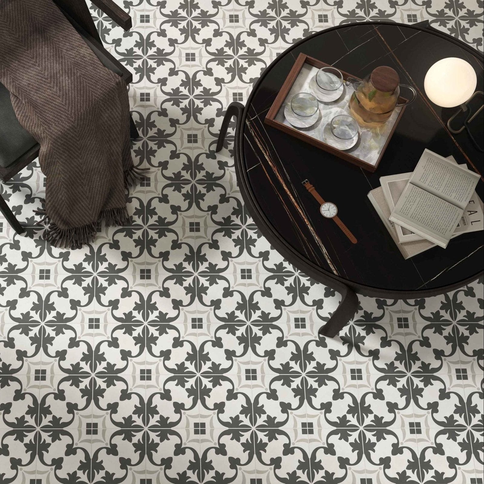 Black marble coffee table with glossy finish and dark wooden legs featuring Decorata 03 patterned 15 x 15cm tile