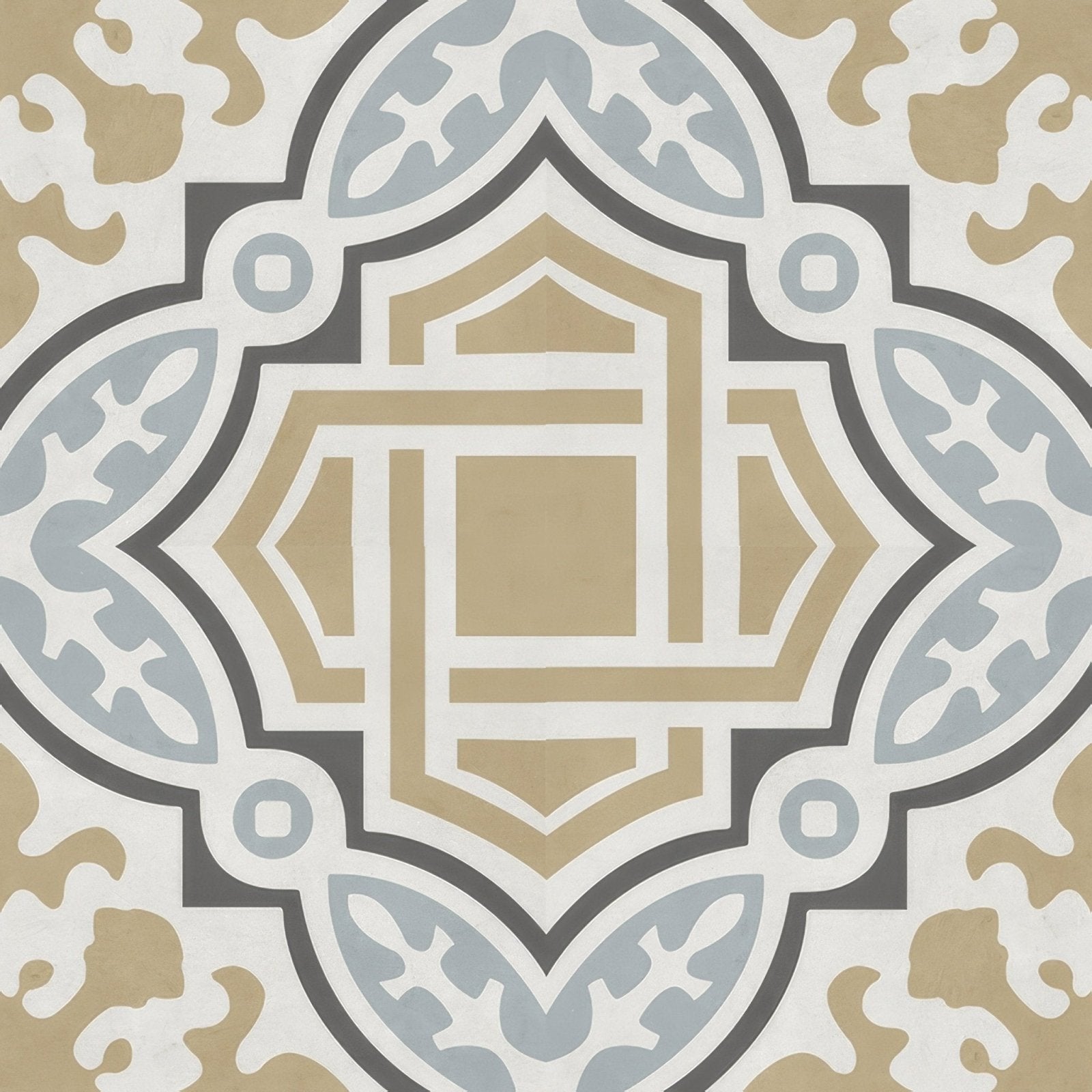 Geometric patterned decorata 06 tile in beige gray and white tones with symmetrical design 15 x 15cm size