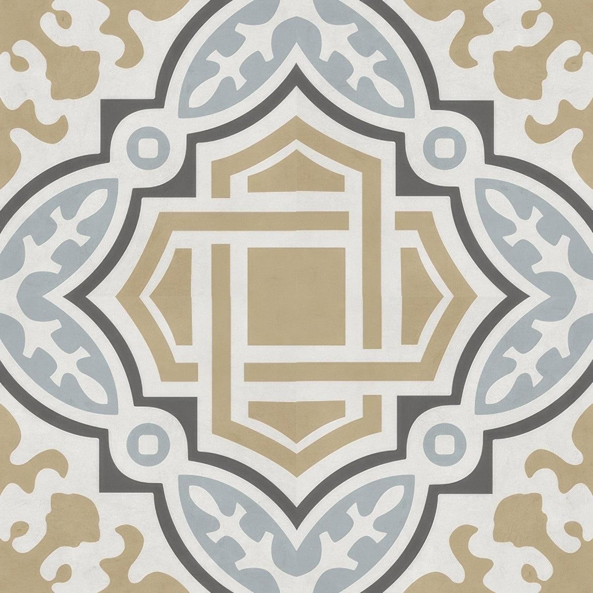 Geometric patterned decorata 06 tile in beige gray and white tones with symmetrical design 15 x 15cm size