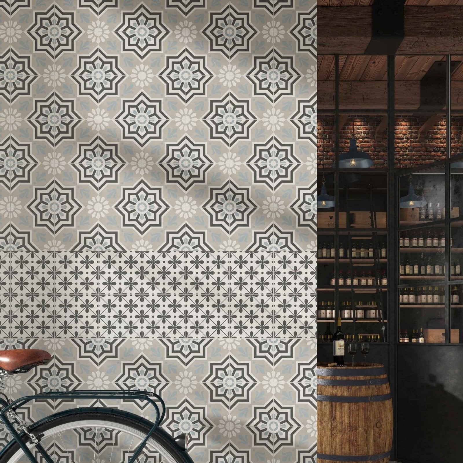 Gray and black geometric patterned wall tiles with a vintage ornate design decorata 10 patterned 15 x 15cm tile
