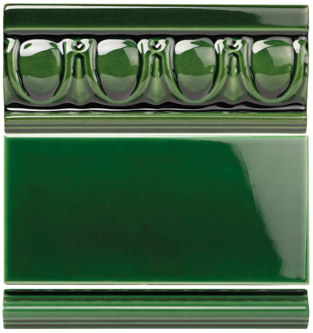 Deep green ceramic tile with a glossy finish and an ornate, raised bead pattern along its top edge.