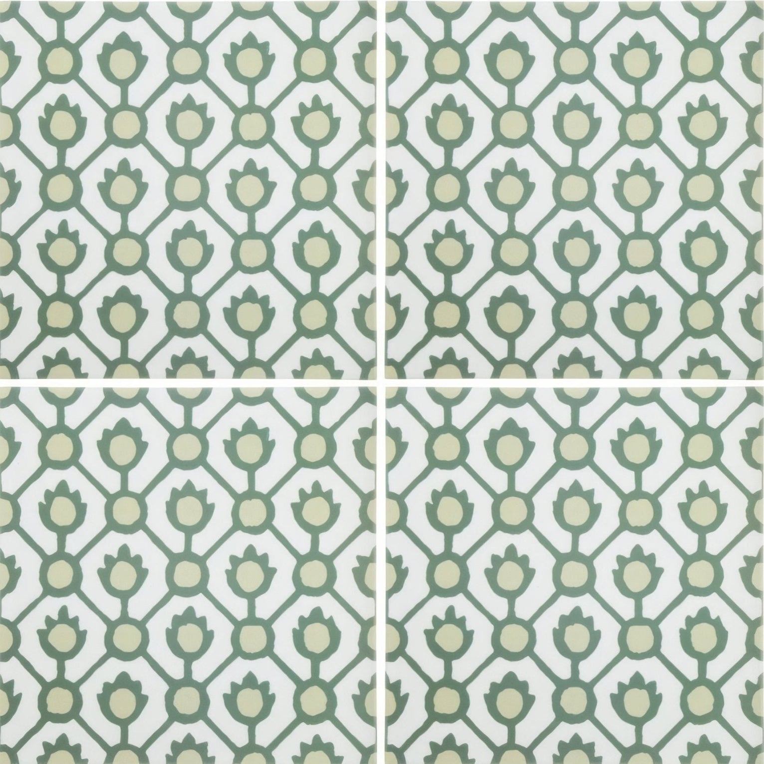 Designers Guild Jaal Moss white ceramic tiles with repeating sage green stylized flowers and circular motifs