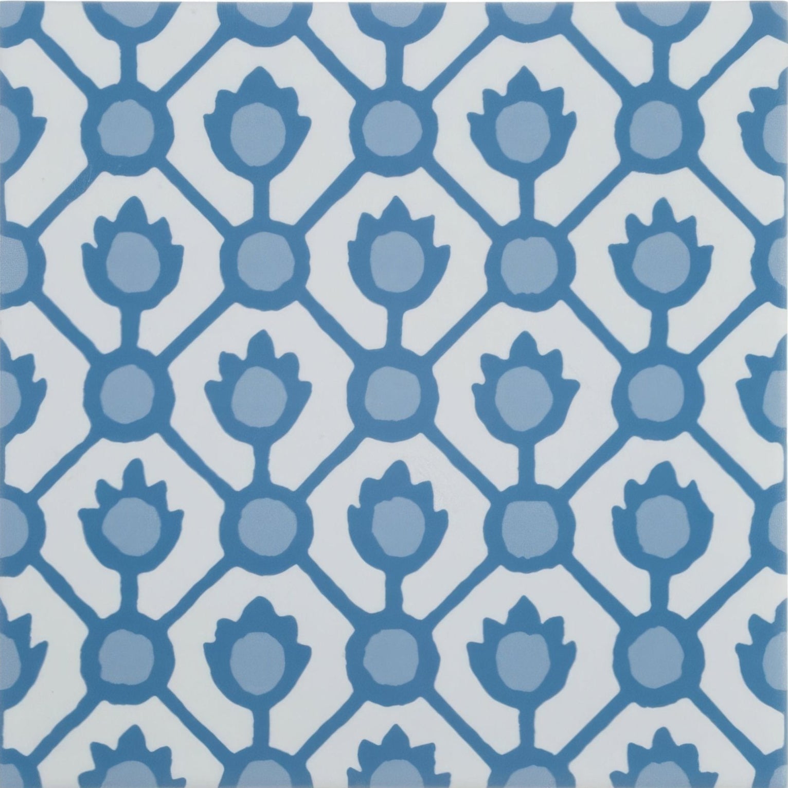 Designers guild jaal cobalt ceramic tile featuring blue tulip patterned repeating geometric design