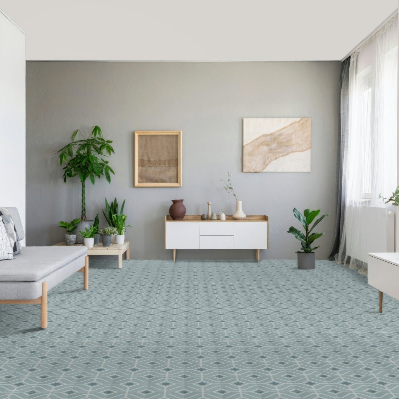 Light blue geometric patterned floor tiles from designers guild laterza cloud ideal for stylish interior flooring