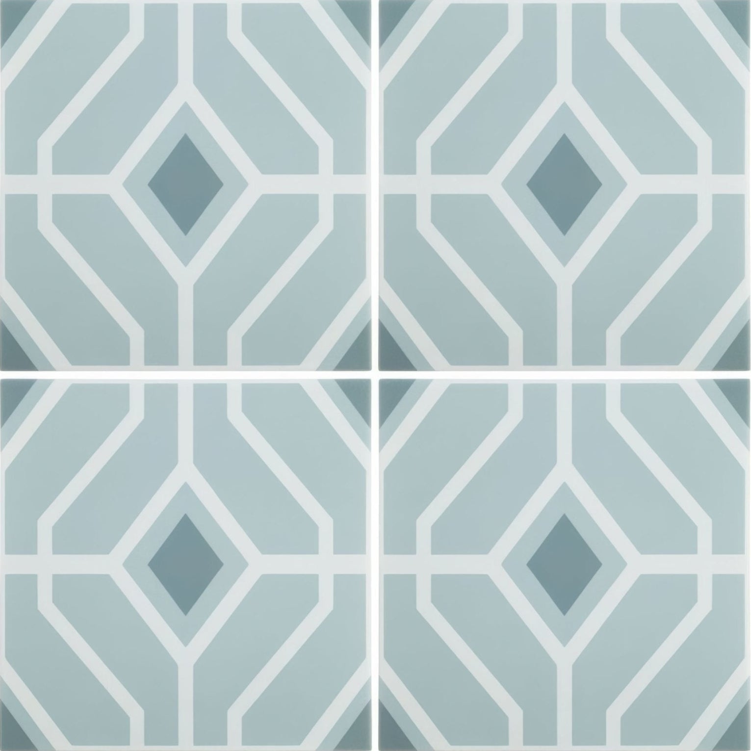 Designers guild laterza cloud light blue geometric patterned tiles with white outlines and darker blue diamond accents
