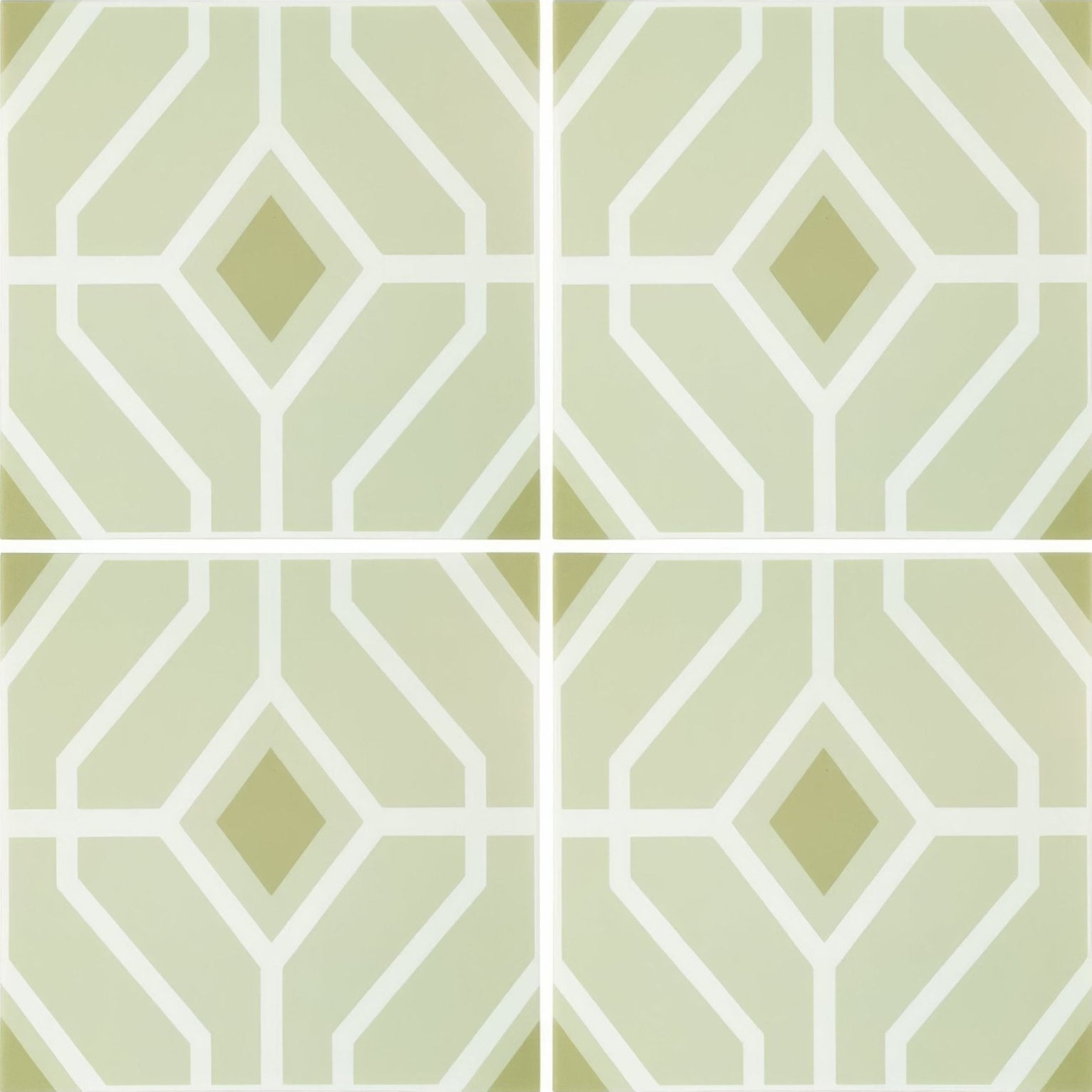 Light green geometric patterned ceramic tiles with white outlines and subtle diamond design designers guild laterza willow
