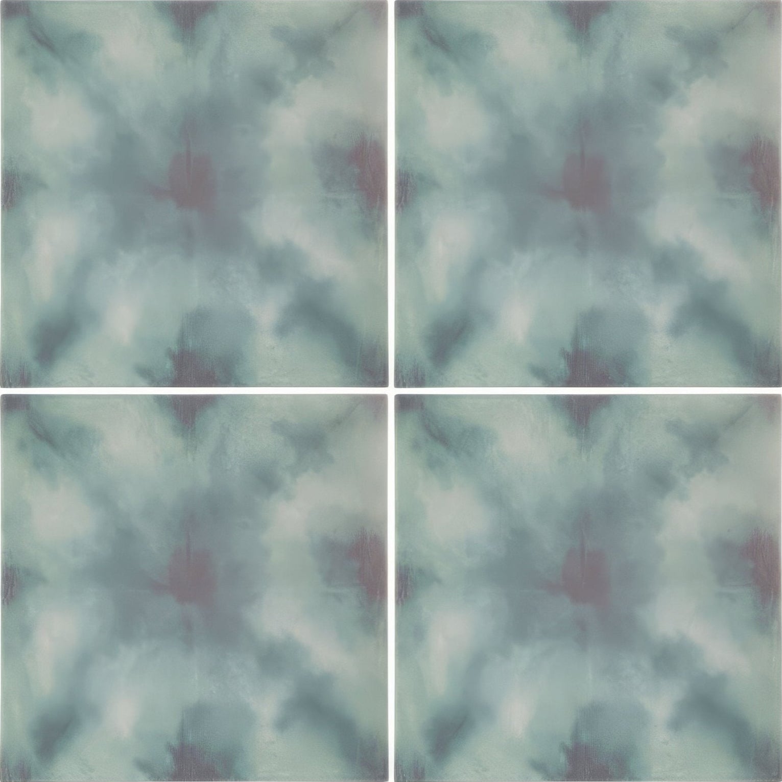 Set of four square designers guild shibori duck egg tiles with soft abstract tie dye pattern in muted teal and dusty rose