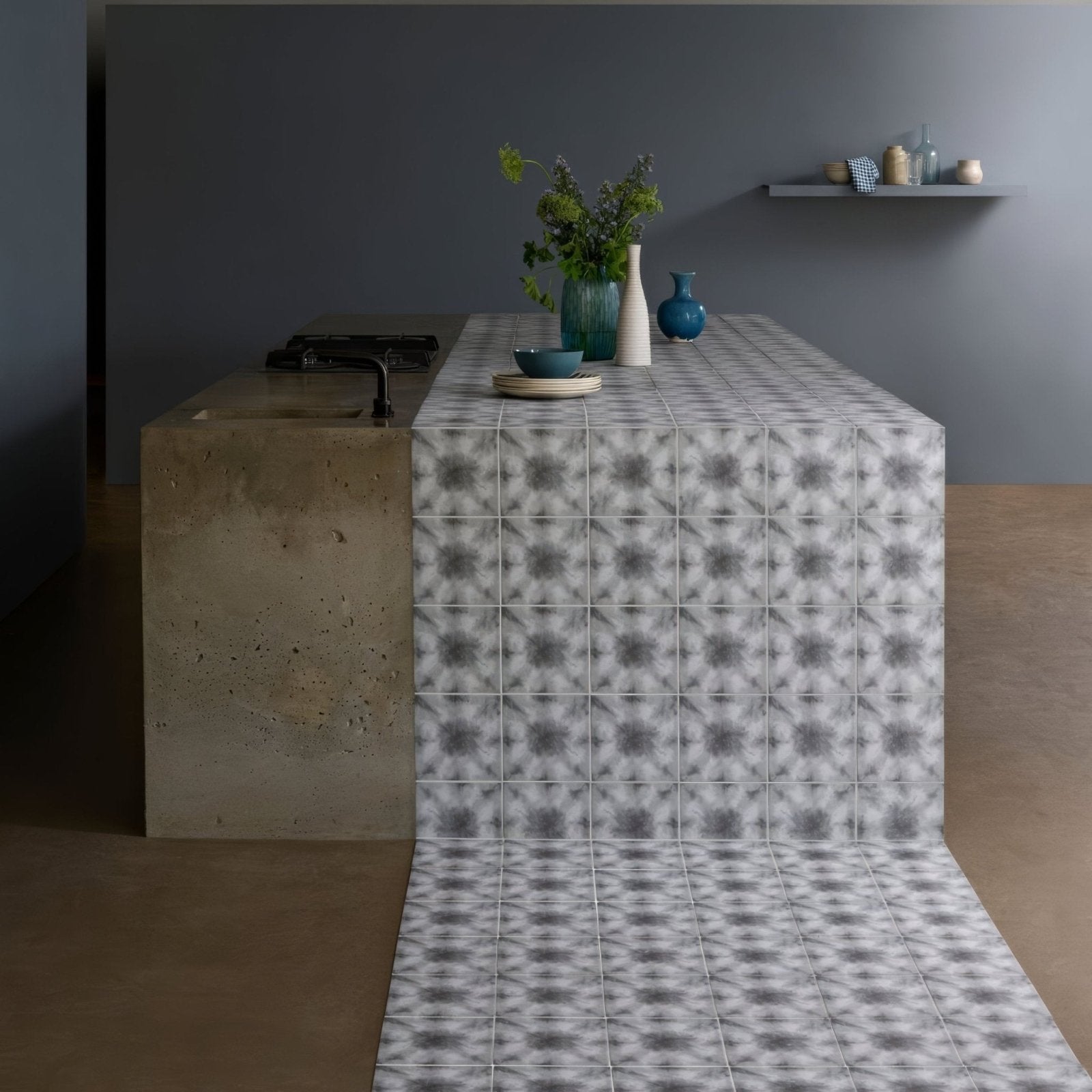 Designers guild shibori graphite gray and white geometric tile countertop with concrete base