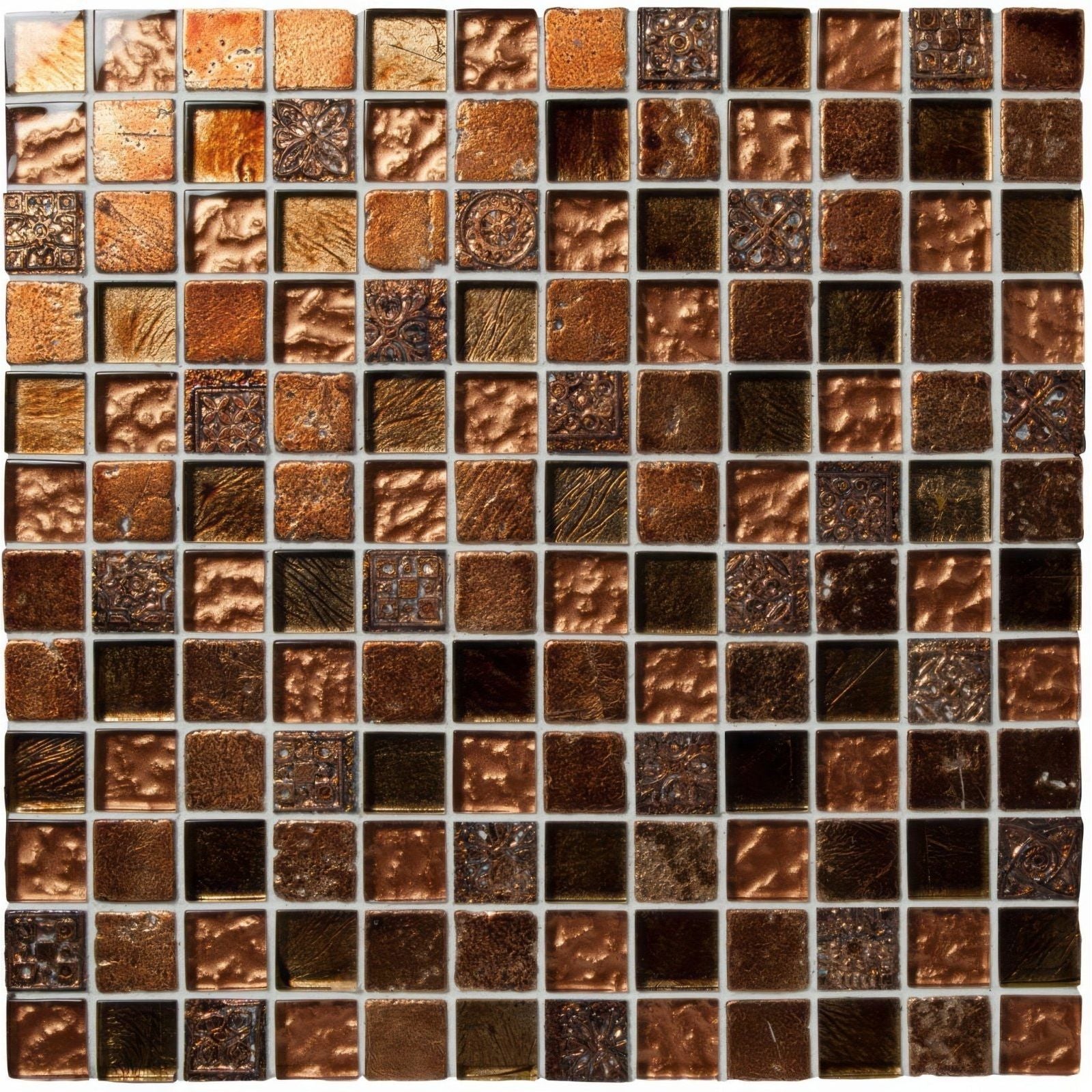 Copper-toned desire glass and stone mosaic tile with textured square pieces in bronze and dark brown shades