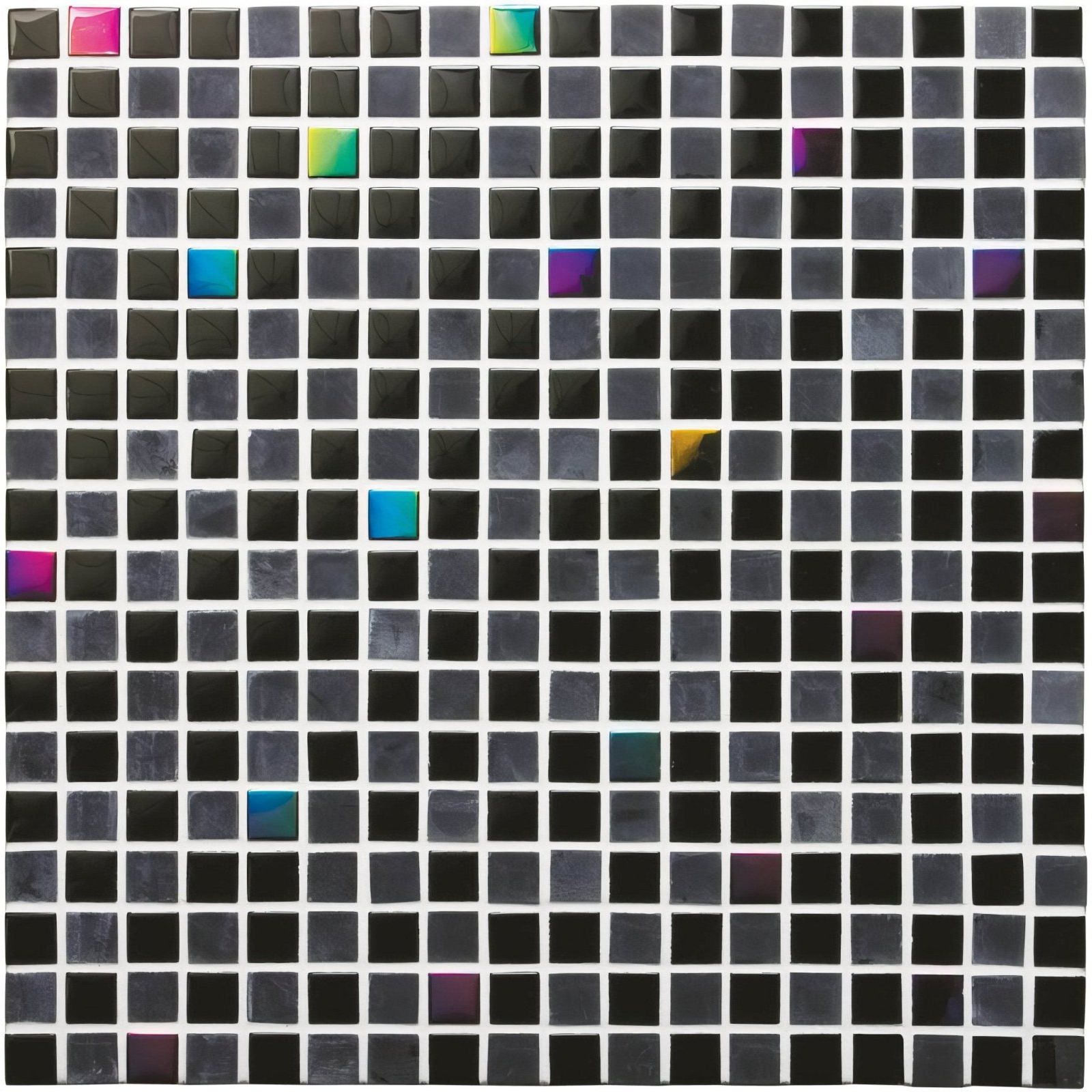 Black mosaic tile panel with iridescent rainbow accent tiles from Dias Earth and Fire mixed mosaics collection
