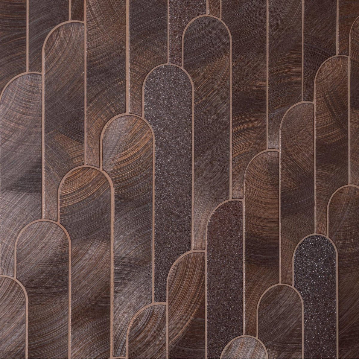 Art deco-inspired digit copper mosaic wall panel with textured metallic bronze finish and subtle glitter accents