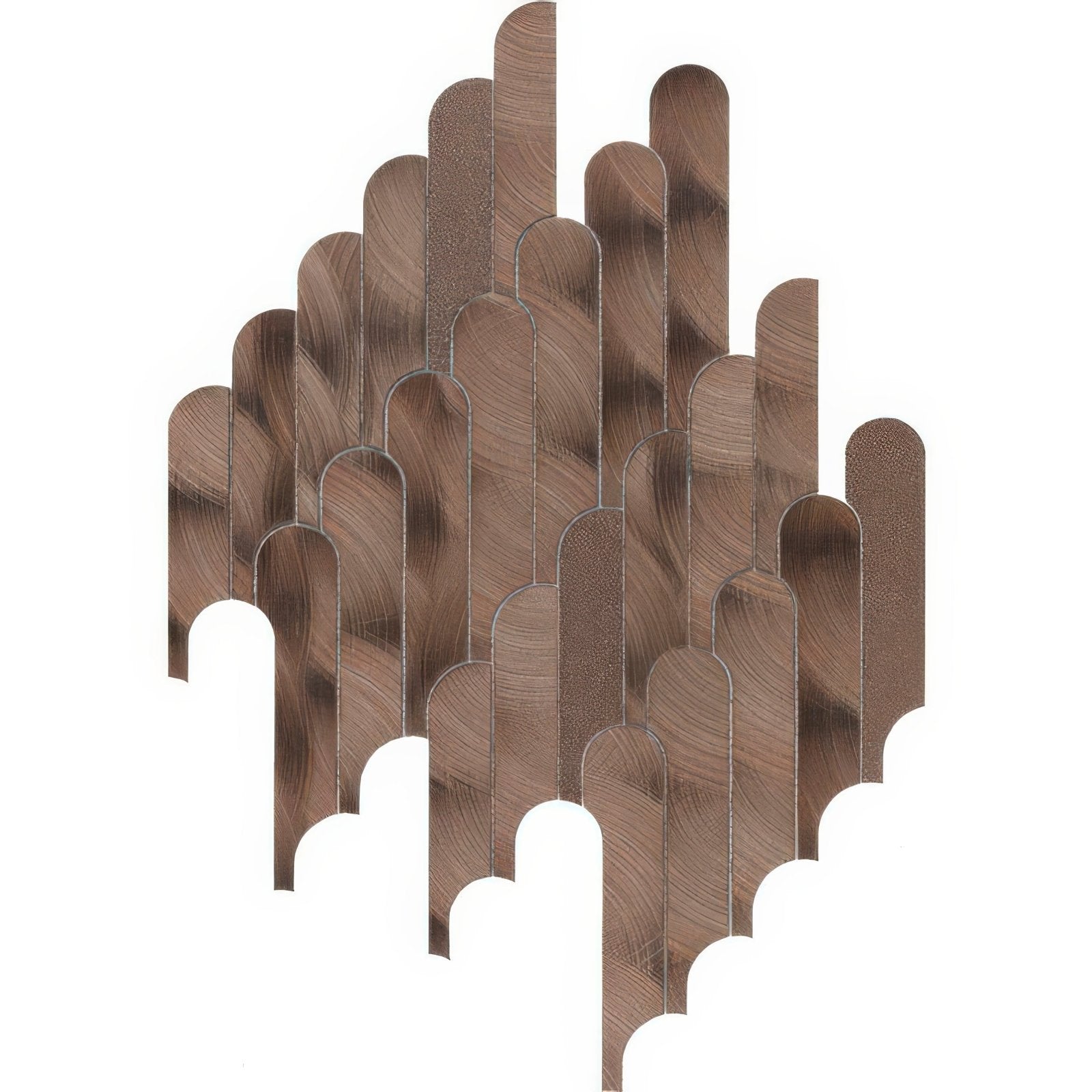Bronze-toned metallic wall art digit copper mosaic with vertically arranged curved rectangular brushed panels