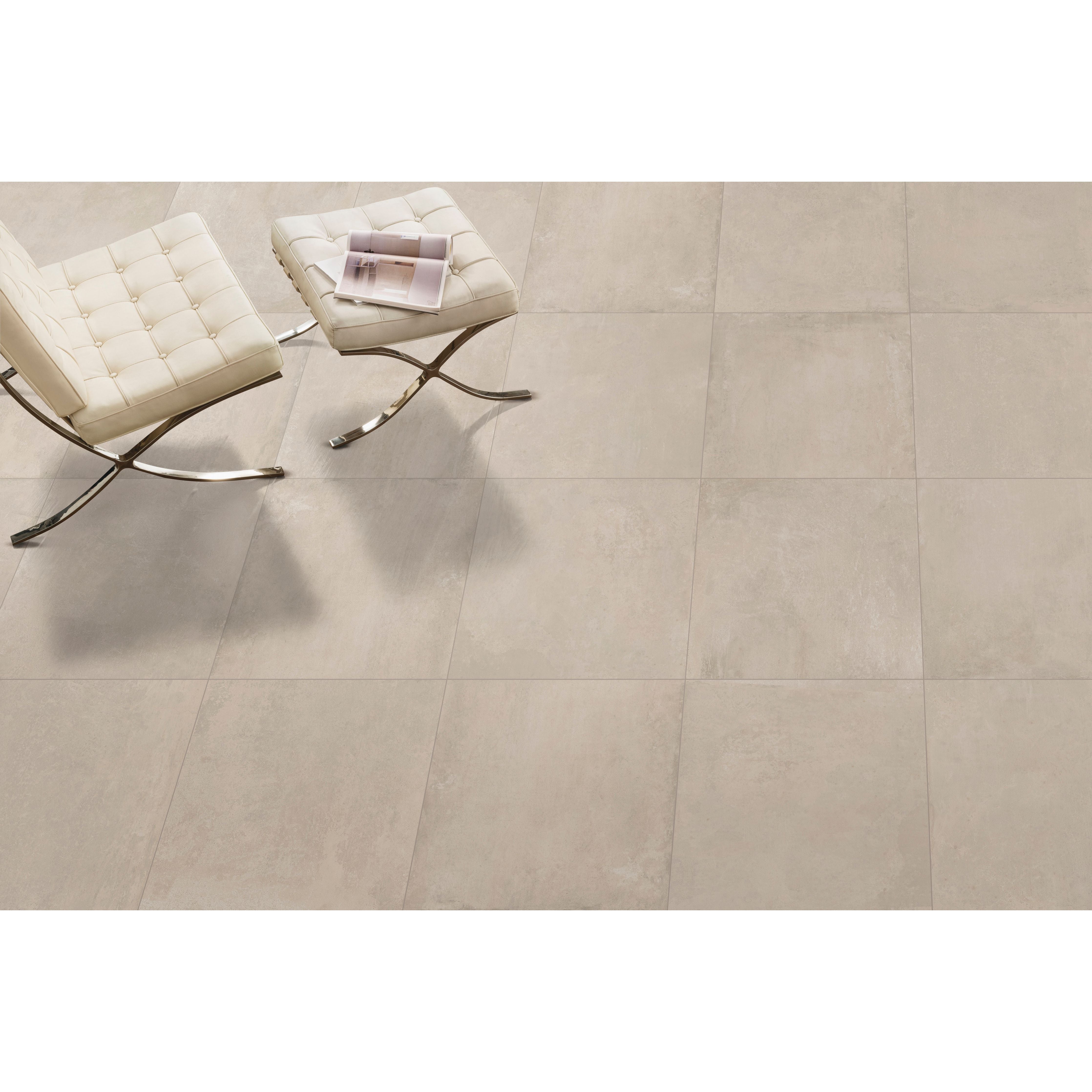 Cream-colored direction sand matt ceramic floor tiles 60 x 60cm with subtle texture and clean grout lines