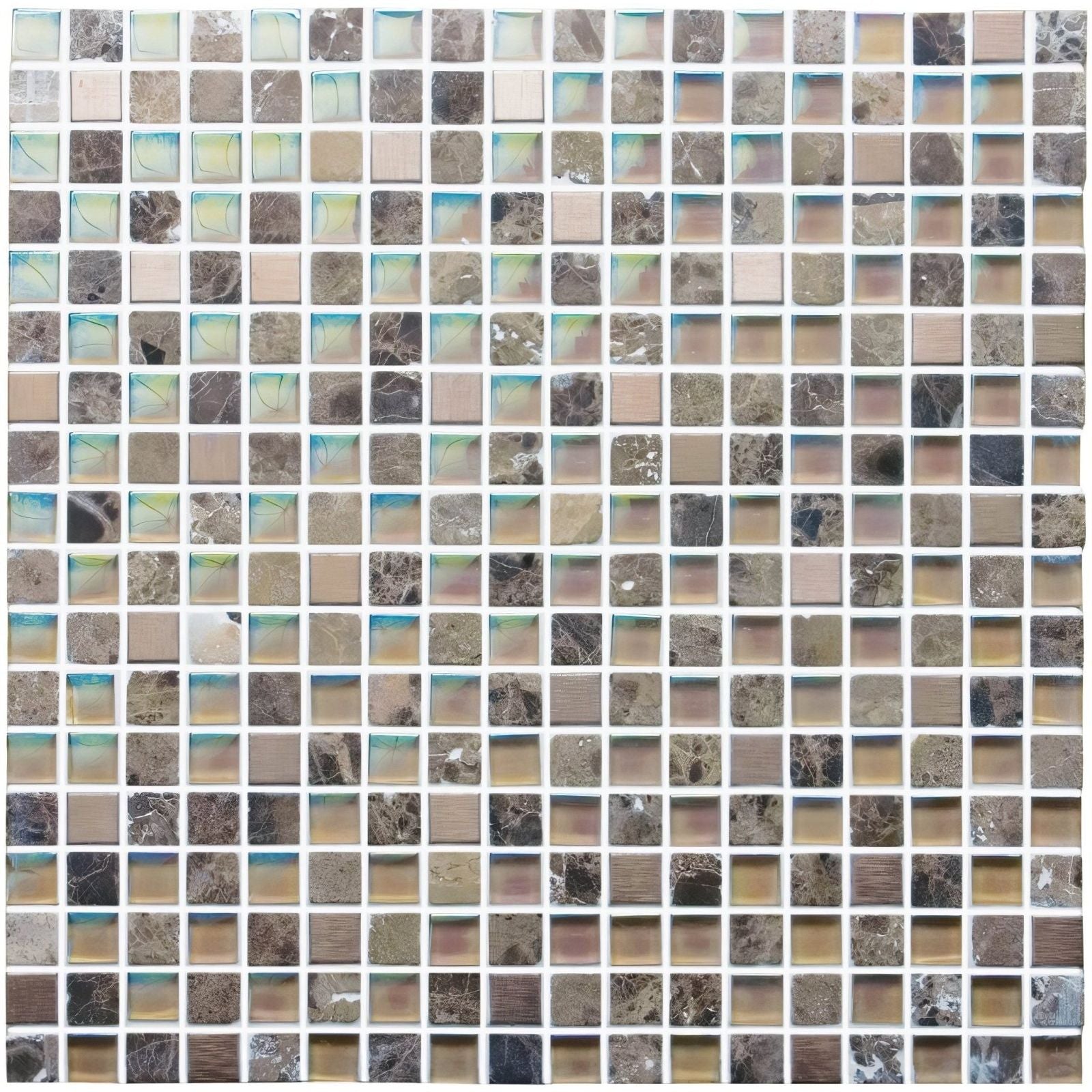 Beige and gray divine earth and fire mixed mosaic tile with subtle blue veining and marble-like square pieces