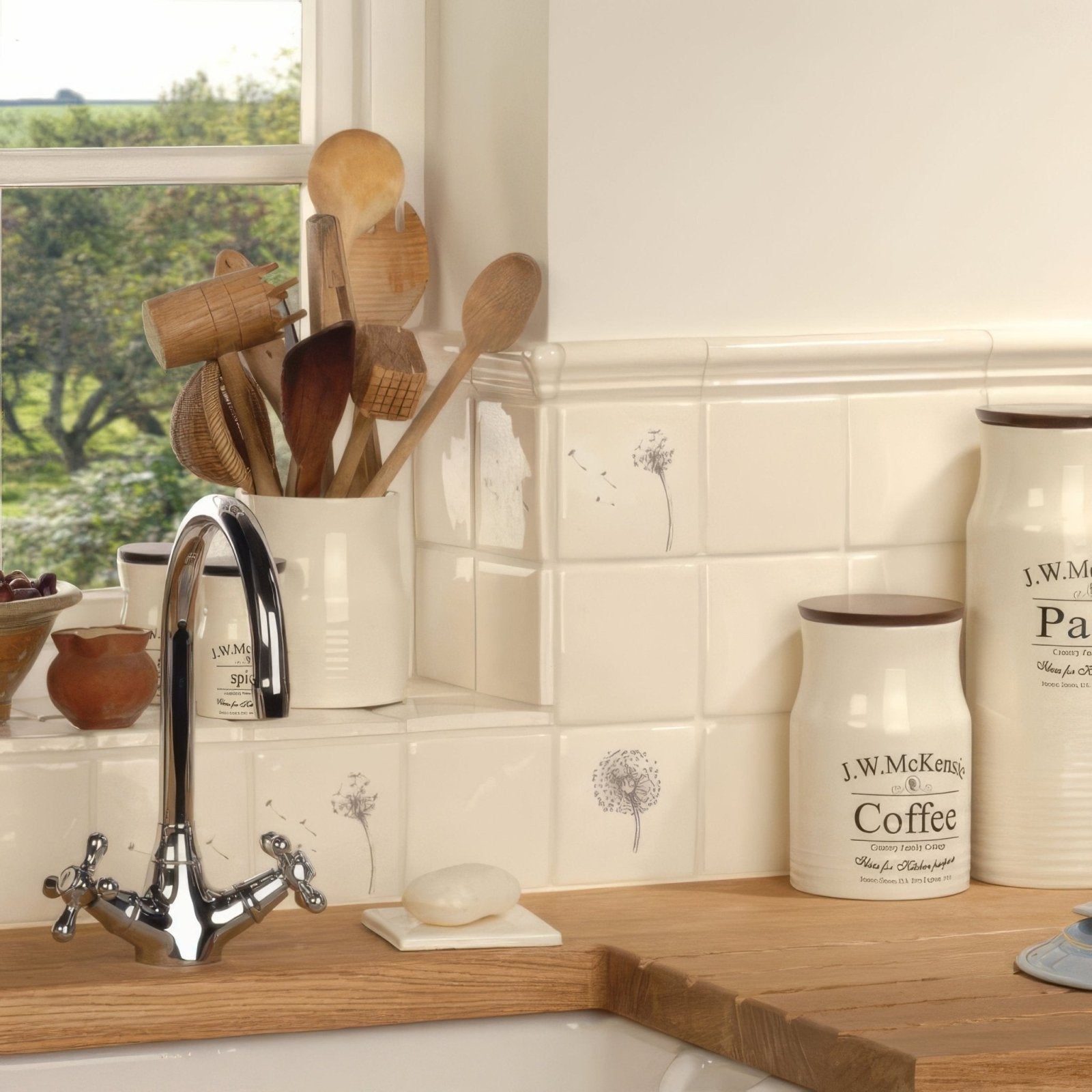 White ceramic coffee can with wooden lid and black printed label from diving on off white collection