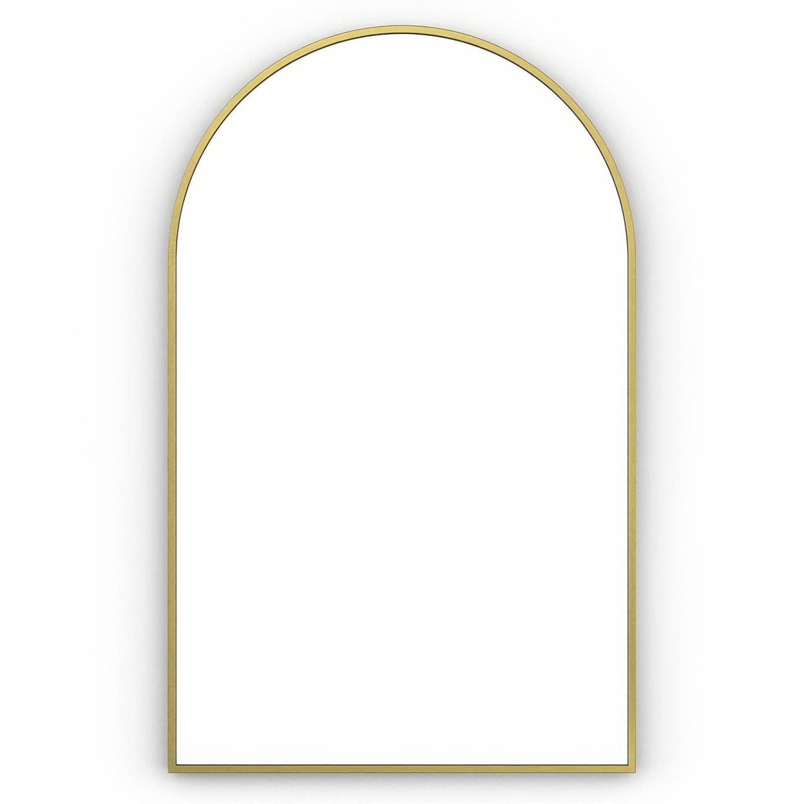 A sleek docklands arch mirror 50x80cm with a minimalist brushed brass metal frame and arched design