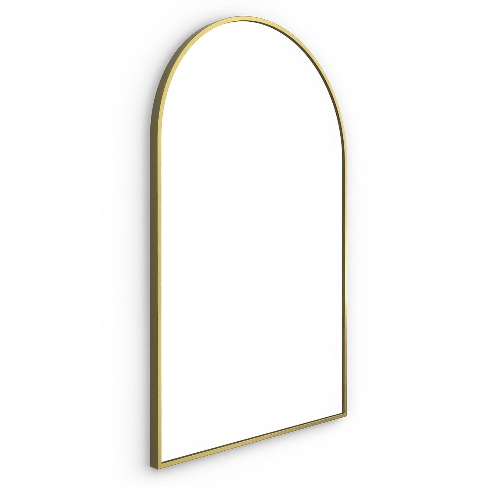 A sleek docklands arch mirror with a thin brushed brass metal frame measuring 50x80cm
