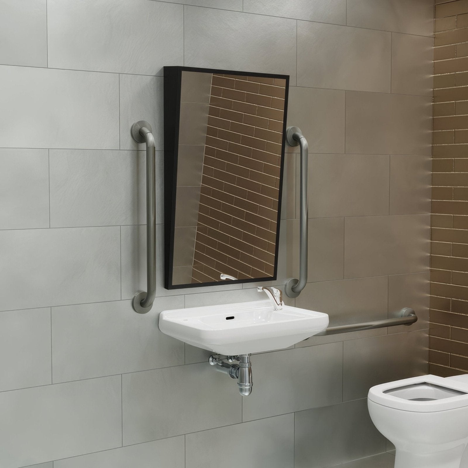 White ceramic wall-mounted sink with chrome faucet and exposed plumbing beneath shown with docklands inclusive angled mirror black