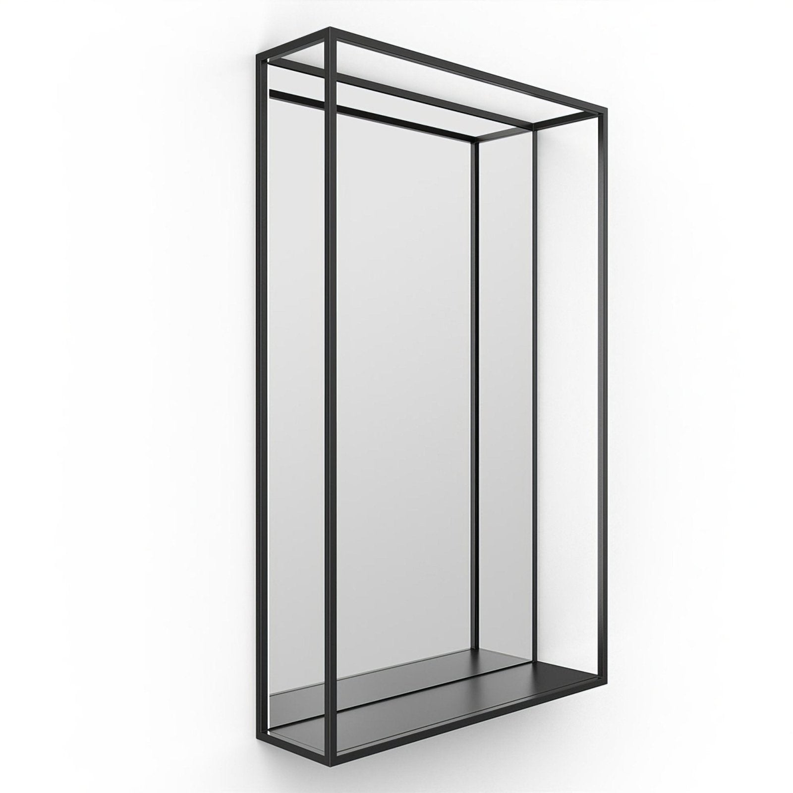 Black metal-framed docklands mirror with glass panels and a lower shelf wall-mounted in black 50x80cm